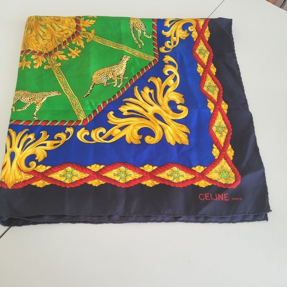 Celine Paris Blue Gold Red Cheetah Nautical Scarf Large 34x34 Square Designer - Picture 1 of 12